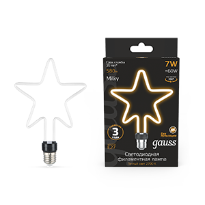 Лампа Gauss Filament Artline Star 7W 580lm 2700К Е27 milky LED 1/10/100 Лампочка филаментная Е27 Gauss 1006802104
