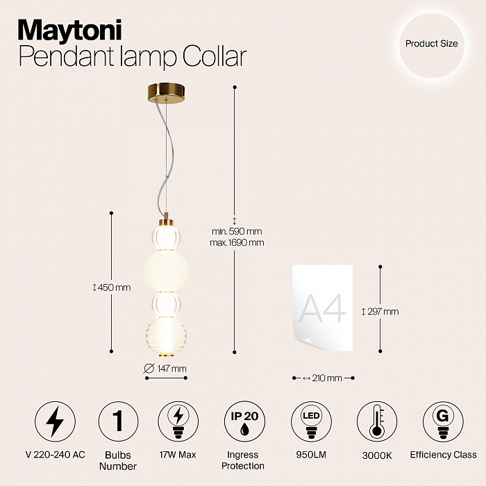Светильник одинарный Maytoni P069PL-L17G3K