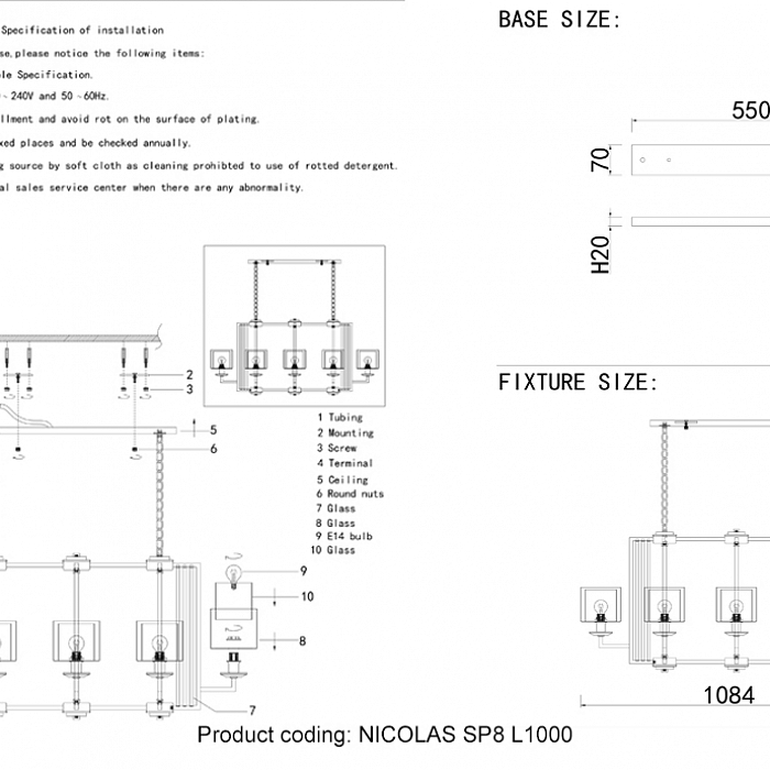 Люстра подвесная Crystal Lux NICOLAS SP8 L1000 NICKEL/WHITE