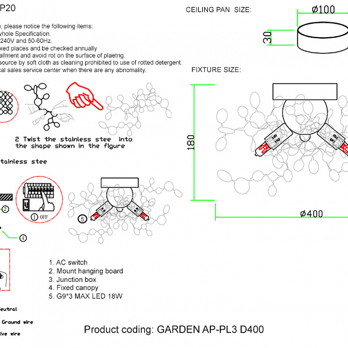 Светильник Crystal Lux GARDEN AP-PL3 D400 GOLD