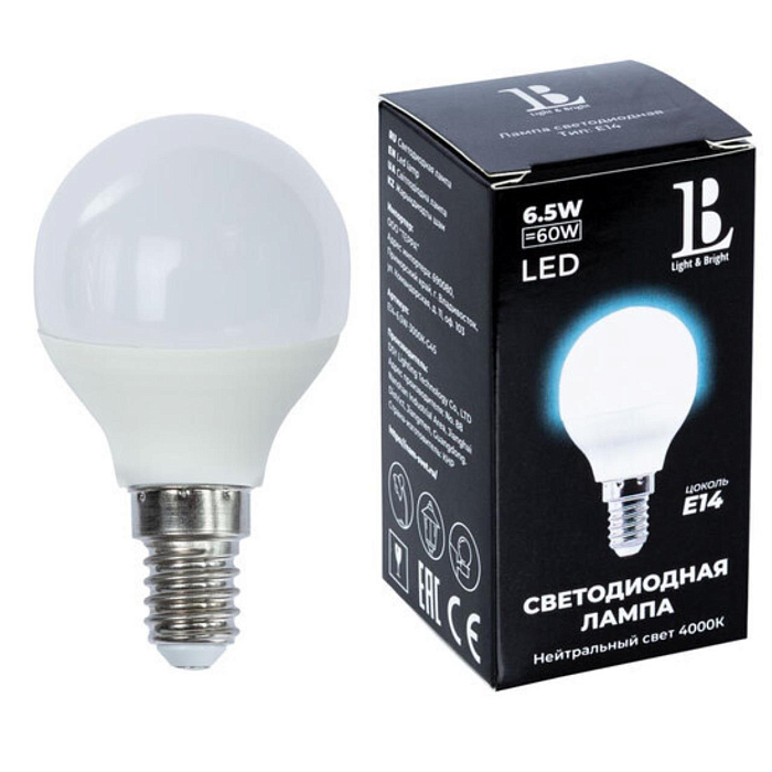 Лампочка светодиодная Е14 L&B E14-6,5W-4000К-G45_lb
