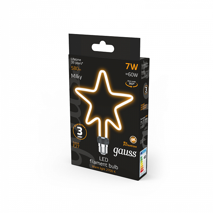 Лампа Gauss Filament Artline Star 7W 580lm 2700К Е27 milky LED 1/10/100 Лампочка филаментная Е27 Gauss 1006802104
