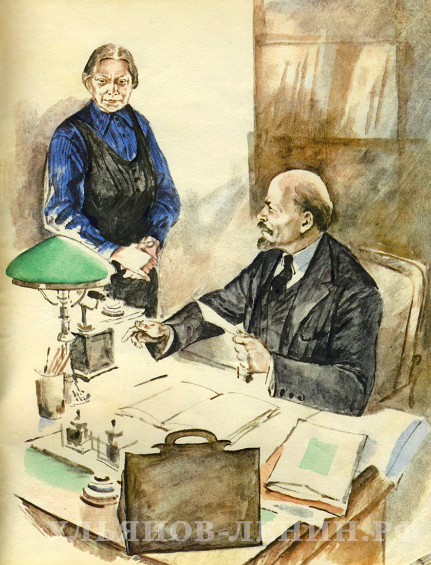На рисунке С. Гальдяева Ленин, Крупская и зелёная лампа.